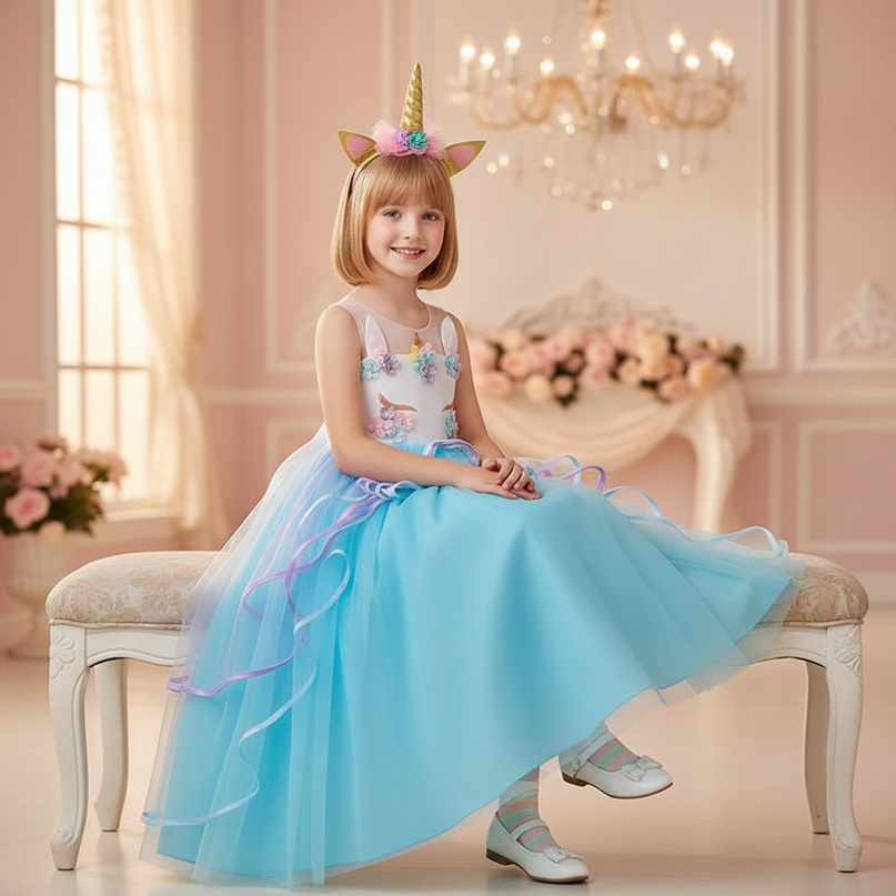 blue unicorn applique dress headband - sitting