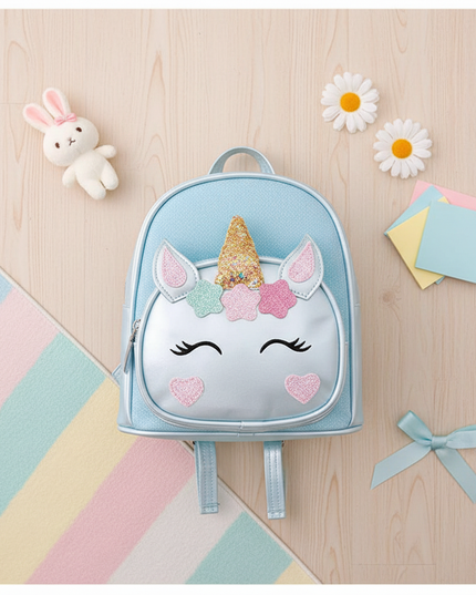 blue unicorn backpack - flat-lay