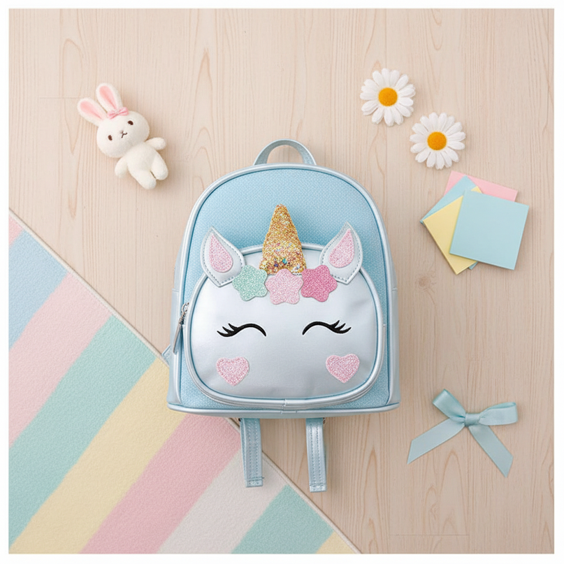 blue unicorn backpack - flat-lay