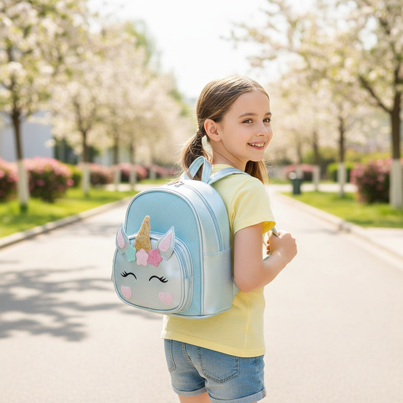 blue unicorn backpack - in-use