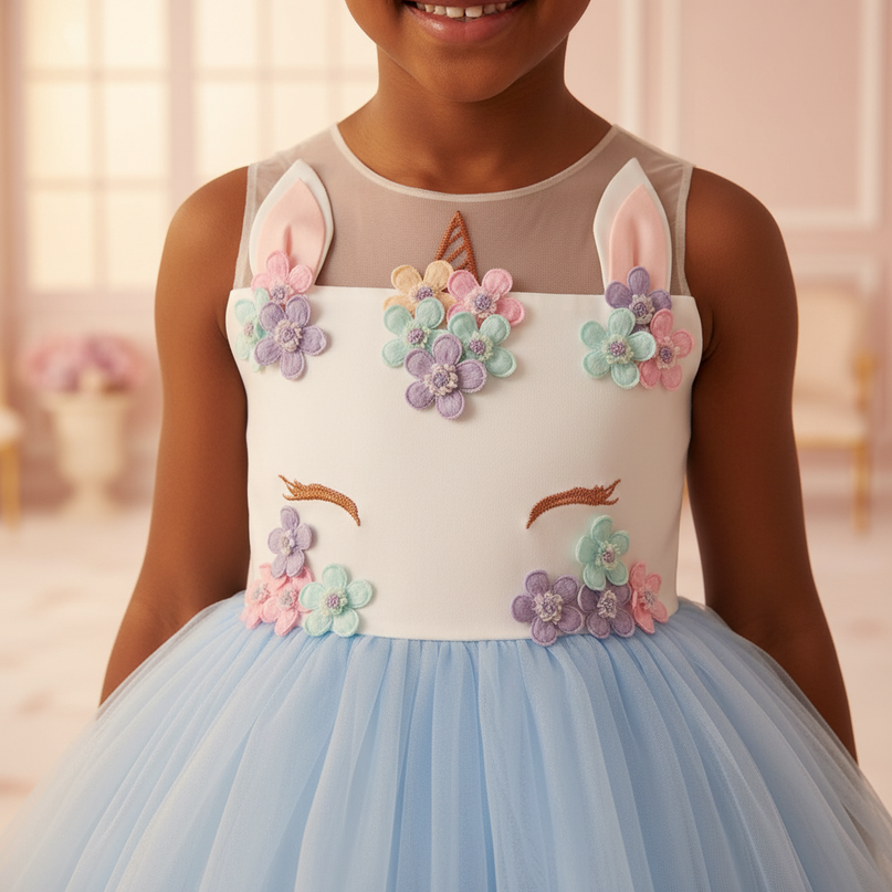 blue unicorn ball gown dress - detail