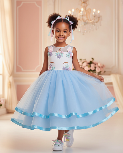 blue unicorn ball gown dress - front