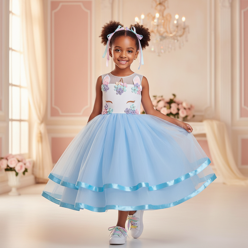blue unicorn ball gown dress - front