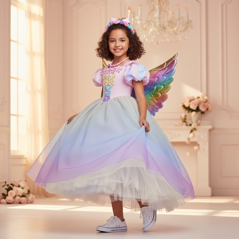 blue unicorn ball gown dress girls - three-quarter