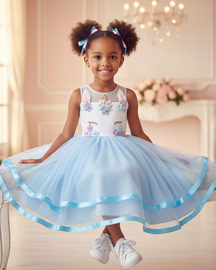 blue unicorn ball gown dress - sitting