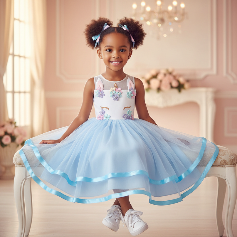 blue unicorn ball gown dress - sitting