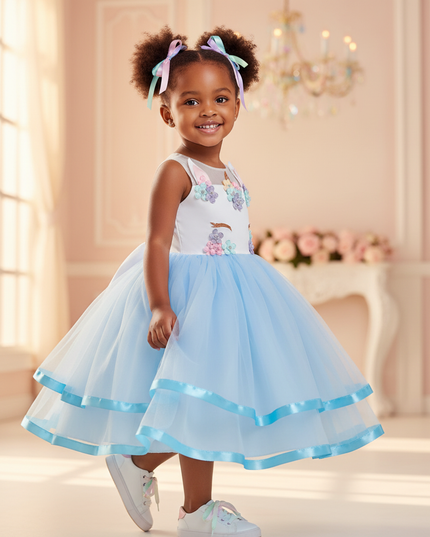 blue unicorn ball gown dress - three-quarter