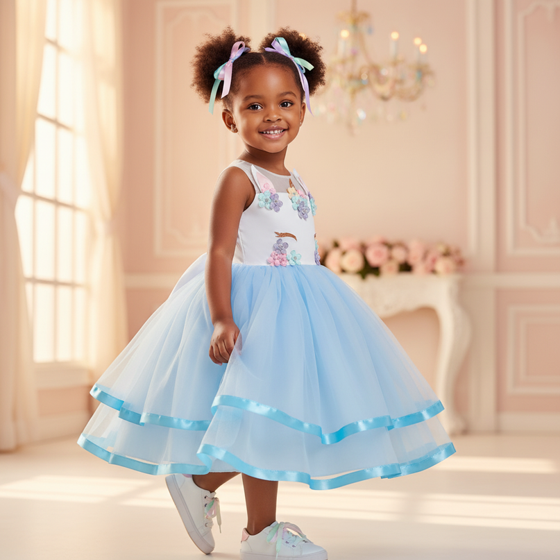 blue unicorn ball gown dress - three-quarter