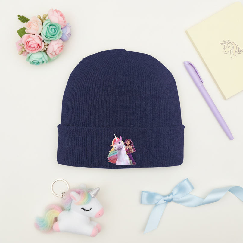 blue unicorn beanie - flat-lay