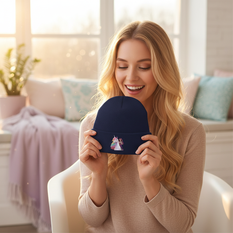 blue unicorn beanie - in-use