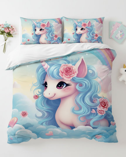 blue unicorn bedding - flat-lay