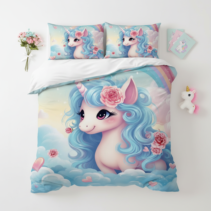 blue unicorn bedding - flat-lay