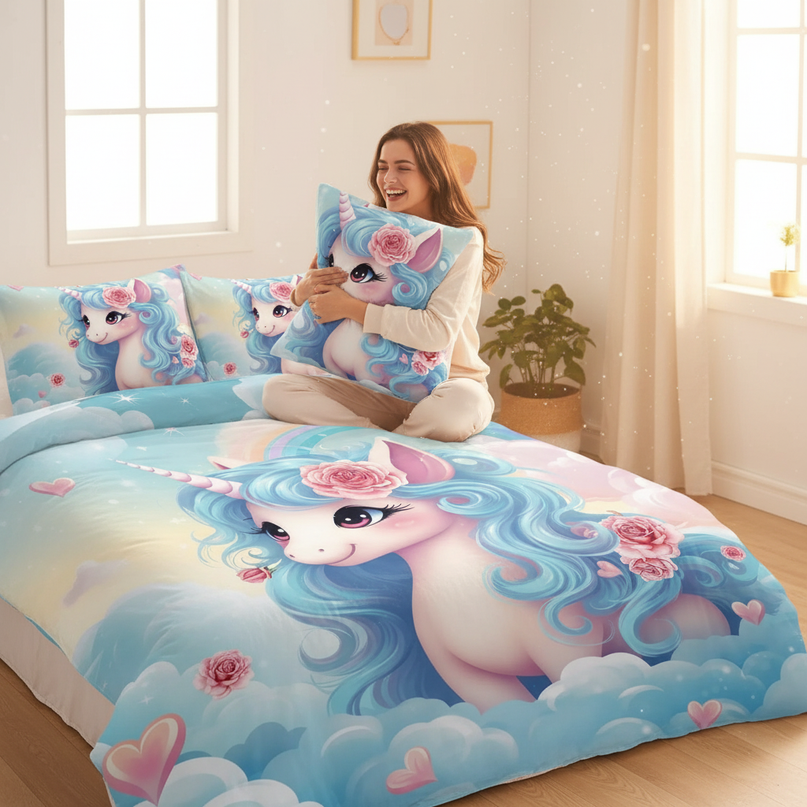 blue unicorn bedding - in-use