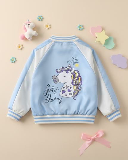 blue unicorn bomber - flat-lay