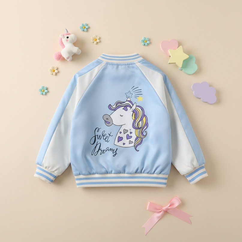 blue unicorn bomber - flat-lay