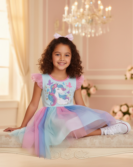 blue unicorn butterfly mesh dress - sitting