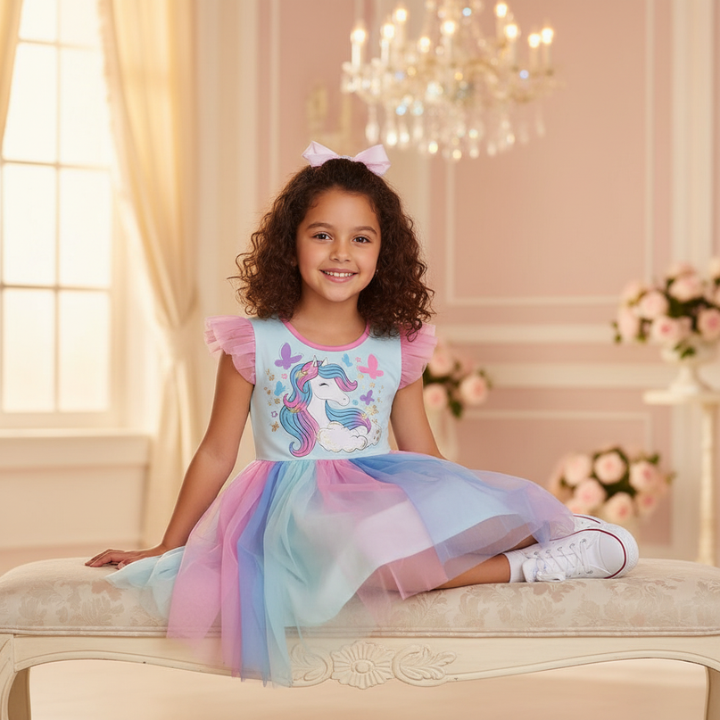 blue unicorn butterfly mesh dress - sitting