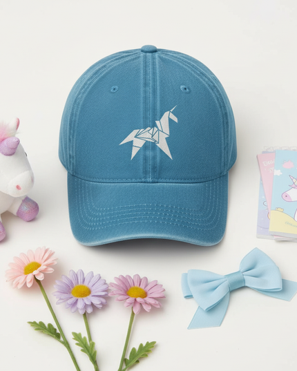 blue unicorn cap - flat-lay