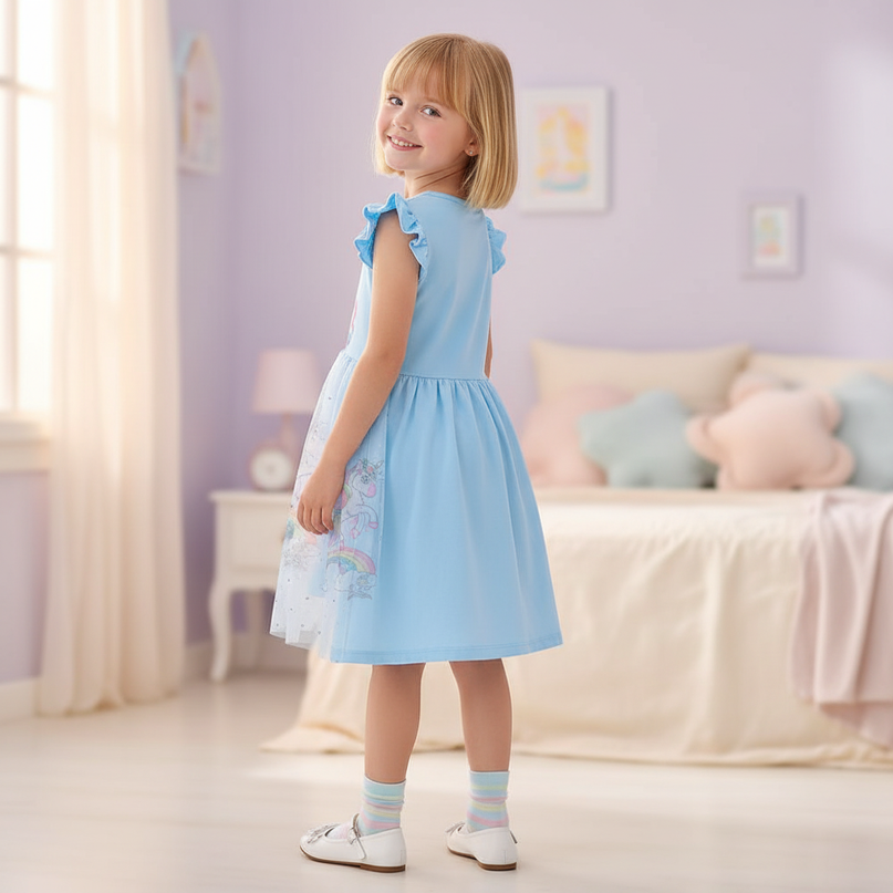 blue unicorn cartoon dress - back