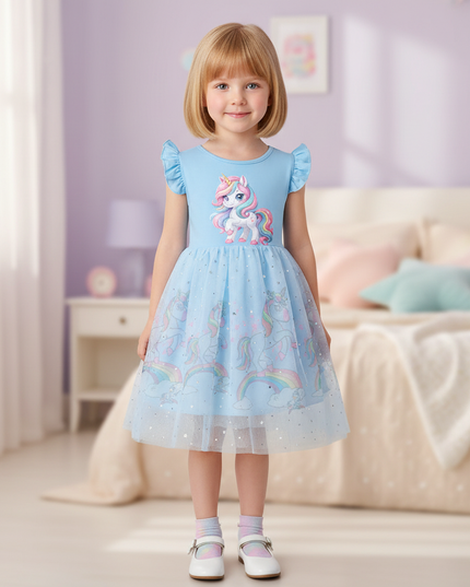 blue unicorn cartoon dress - detail