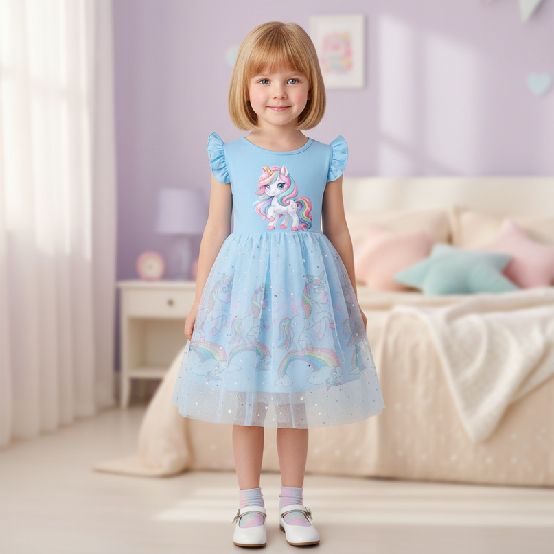 blue unicorn cartoon dress - detail