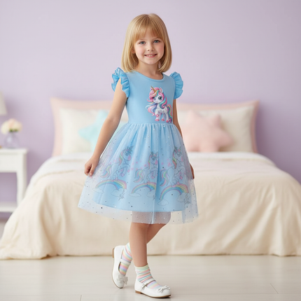 blue unicorn cartoon dress - front