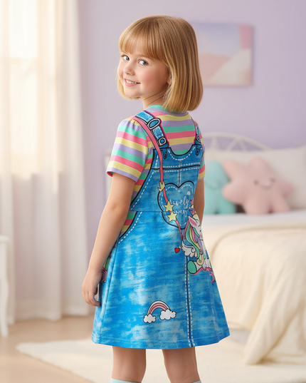 blue unicorn cartoon dress girls - back