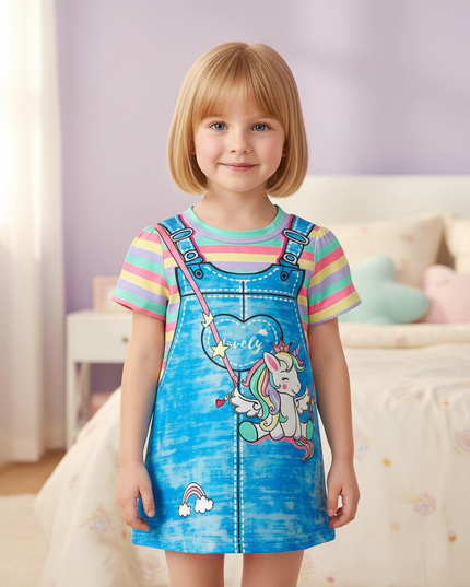 blue unicorn cartoon dress girls - detail
