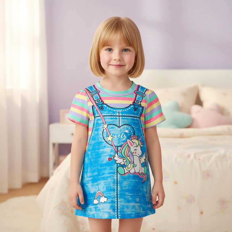 blue unicorn cartoon dress girls - detail