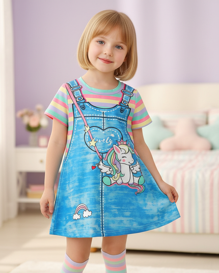 blue unicorn cartoon dress girls - front