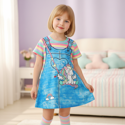 blue unicorn cartoon dress girls - front