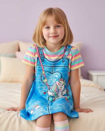 blue unicorn cartoon dress girls - sitting