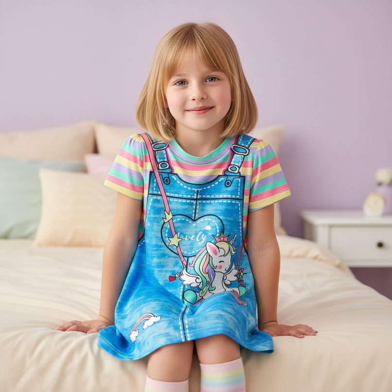 blue unicorn cartoon dress girls - sitting
