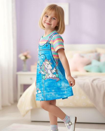 blue unicorn cartoon dress girls - three-quarter