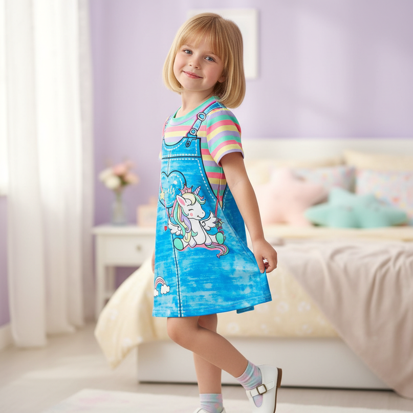blue unicorn cartoon dress girls - three-quarter
