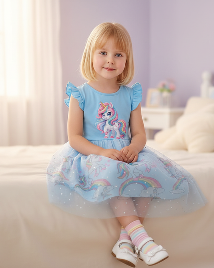 blue unicorn cartoon dress - sitting