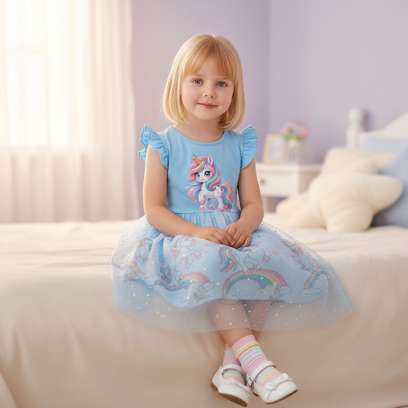 blue unicorn cartoon dress - sitting