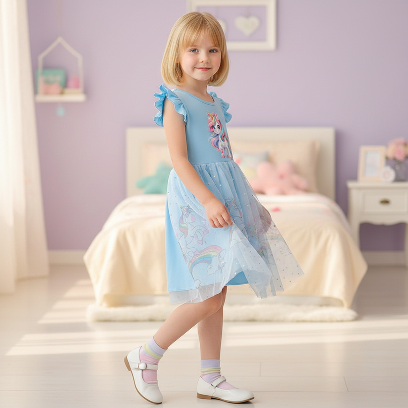 blue unicorn cartoon dress - three-quarter