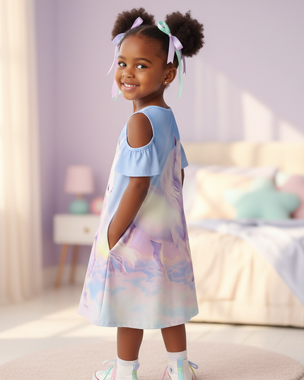 blue unicorn cold shoulder dress - back