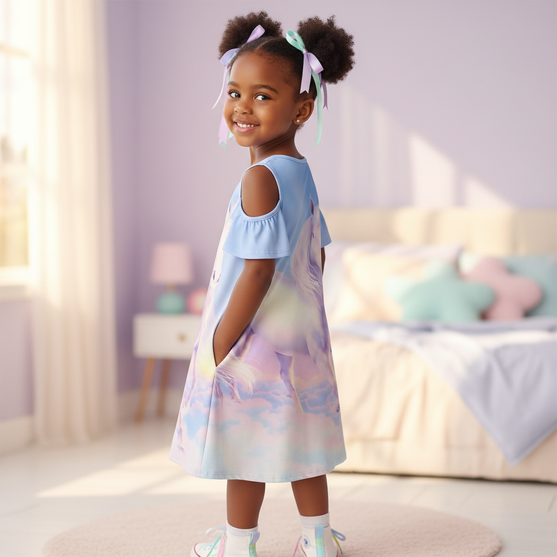blue unicorn cold shoulder dress - back