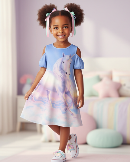 blue unicorn cold shoulder dress - front