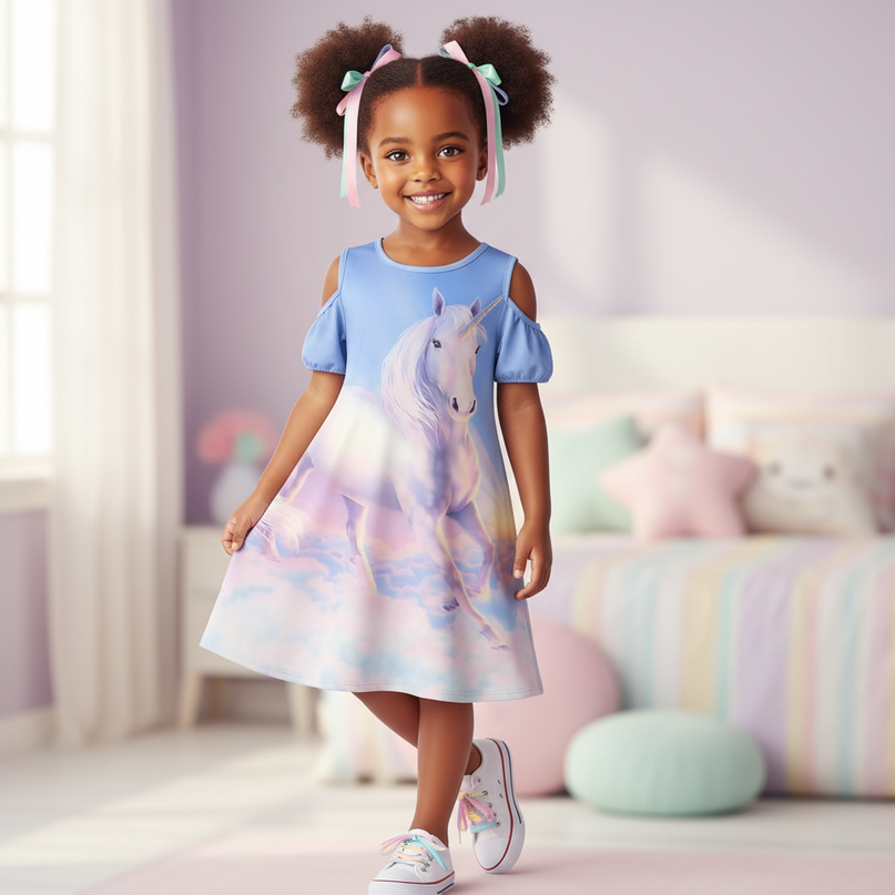blue unicorn cold shoulder dress - front