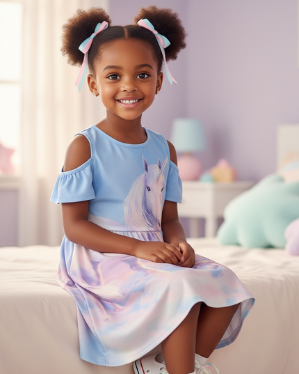 blue unicorn cold shoulder dress - sitting