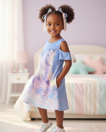 blue unicorn cold shoulder dress - three-quarter