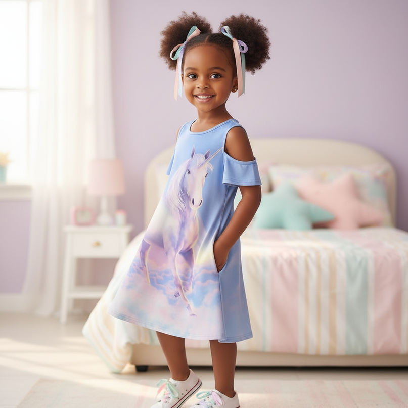 blue unicorn cold shoulder dress - three-quarter