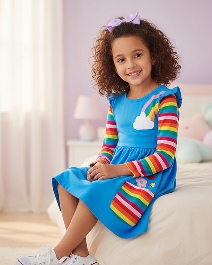 blue unicorn cotton dress - sitting