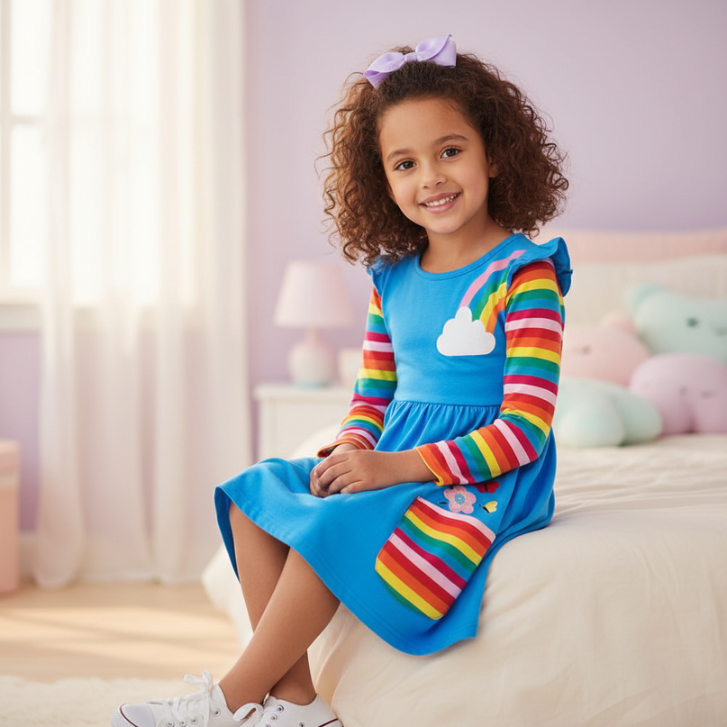 blue unicorn cotton dress - sitting