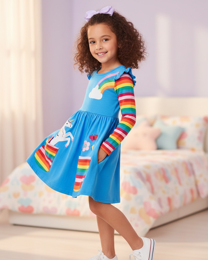 blue unicorn cotton dress - three-quarter