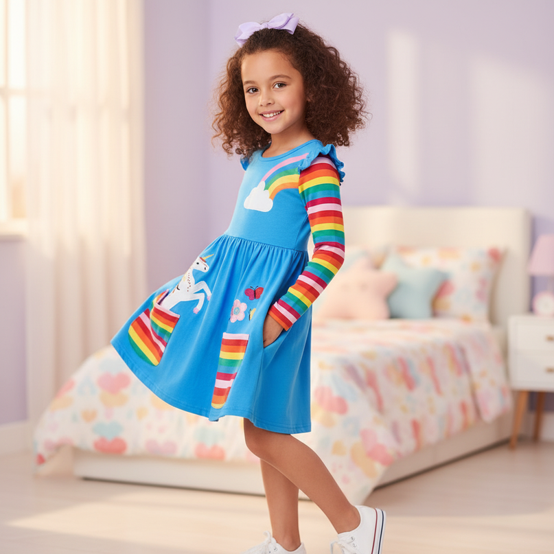blue unicorn cotton dress - three-quarter