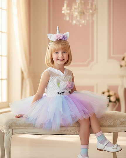 blue unicorn crochet tutu dress - sitting